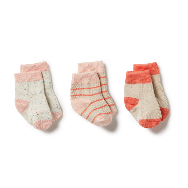 3 Pack Baby Socks - Silver Peony/Oatmeal/Coral